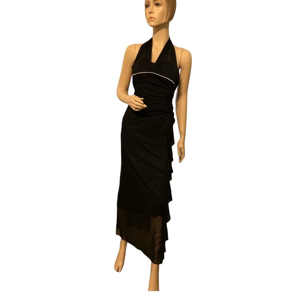 Blondie Nites Linda Bernell Dress Cocktail Halter Black Chiffon Rhinestone SZ 3